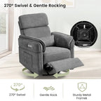 Fauteuil inclinable motorisé berçant et pivotant avec appuie-tête et accoudoirs réglables, ports de chargement USB et USB-C, fauteuil inclinable planeur pour chambre de bébé