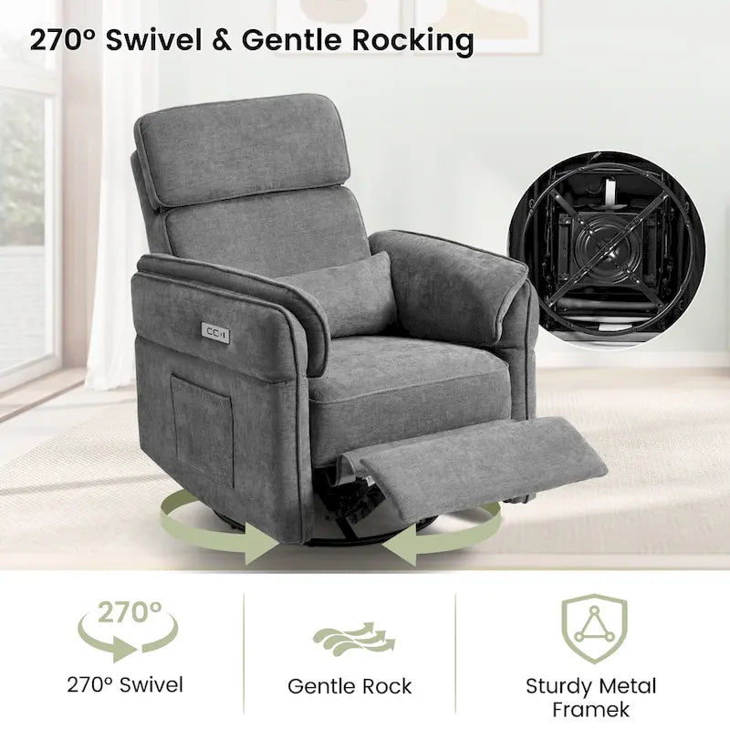 Fauteuil inclinable motorisé berçant et pivotant avec appuie-tête et accoudoirs réglables, ports de chargement USB et USB-C, fauteuil inclinable planeur pour chambre de bébé