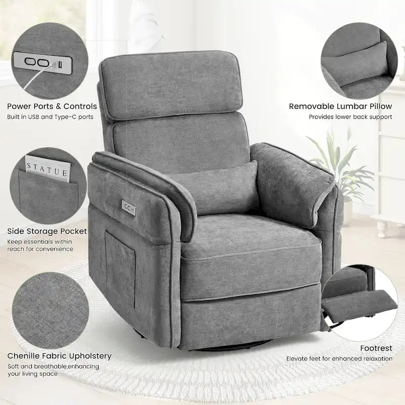 Fauteuil inclinable motorisé berçant et pivotant avec appuie-tête et accoudoirs réglables, ports de chargement USB et USB-C, fauteuil inclinable planeur pour chambre de bébé