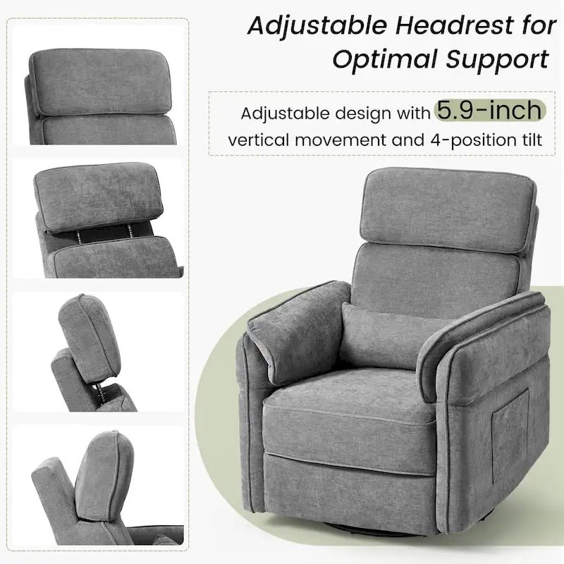 Fauteuil inclinable motorisé berçant et pivotant avec appuie-tête et accoudoirs réglables, ports de chargement USB et USB-C, fauteuil inclinable planeur pour chambre de bébé