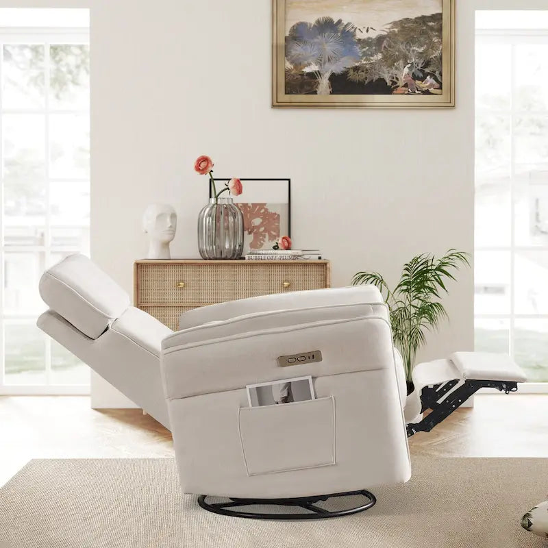Fauteuil inclinable motorisé berçant et pivotant avec appuie-tête et accoudoirs réglables, ports de chargement USB et USB-C, fauteuil inclinable planeur pour chambre de bébé