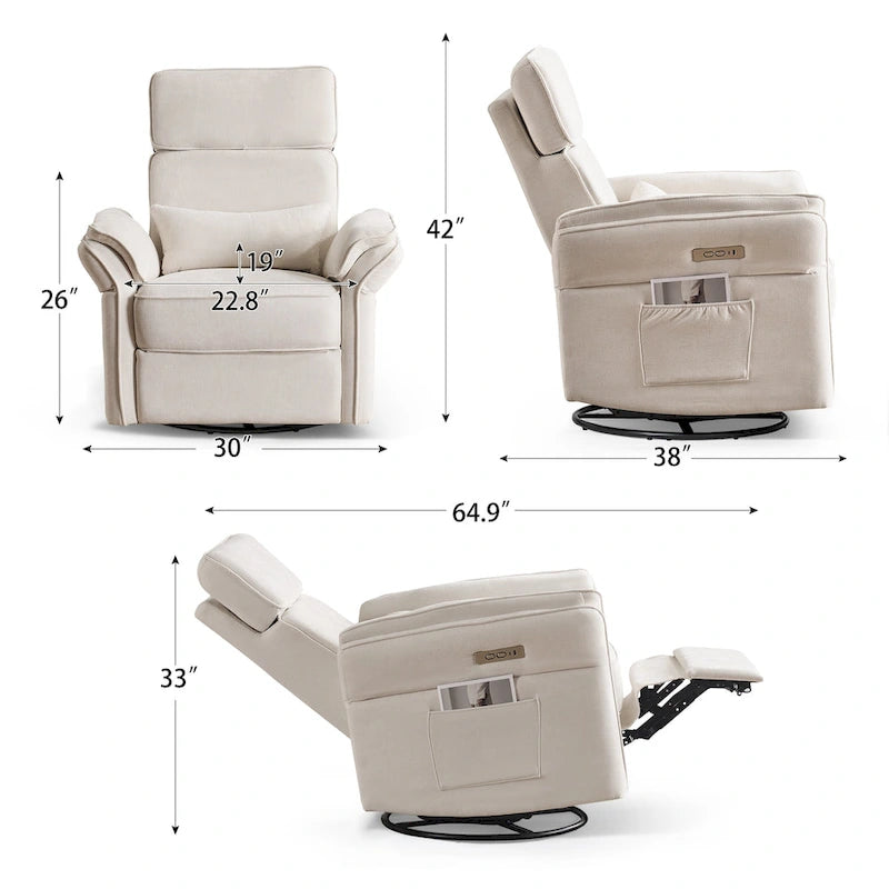 Fauteuil inclinable motorisé berçant et pivotant avec appuie-tête et accoudoirs réglables, ports de chargement USB et USB-C, fauteuil inclinable planeur pour chambre de bébé
