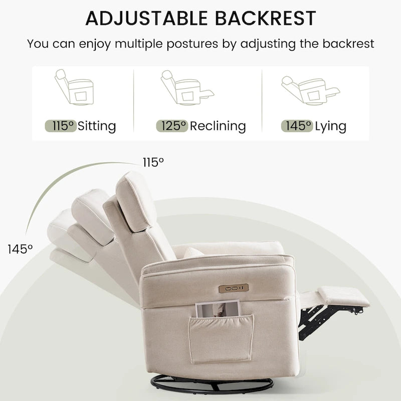 Fauteuil inclinable motorisé berçant et pivotant avec appuie-tête et accoudoirs réglables, ports de chargement USB et USB-C, fauteuil inclinable planeur pour chambre de bébé