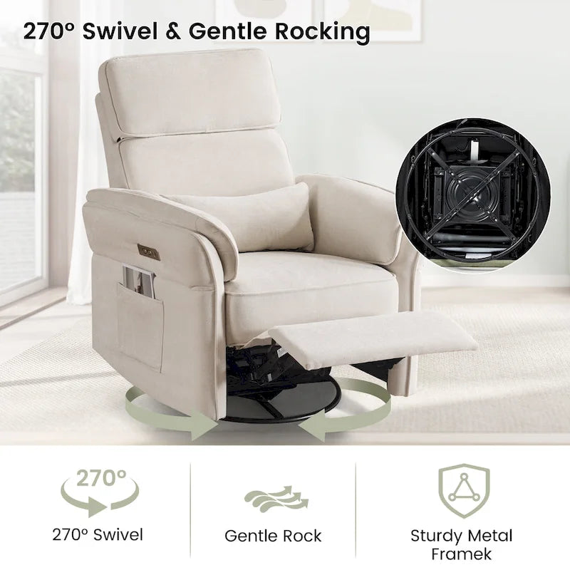 Fauteuil inclinable motorisé berçant et pivotant avec appuie-tête et accoudoirs réglables, ports de chargement USB et USB-C, fauteuil inclinable planeur pour chambre de bébé