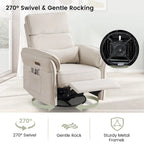 Fauteuil inclinable motorisé berçant et pivotant avec appuie-tête et accoudoirs réglables, ports de chargement USB et USB-C, fauteuil inclinable planeur pour chambre de bébé