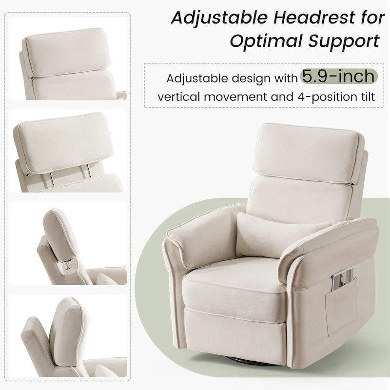 Fauteuil inclinable motorisé berçant et pivotant avec appuie-tête et accoudoirs réglables, ports de chargement USB et USB-C, fauteuil inclinable planeur pour chambre de bébé