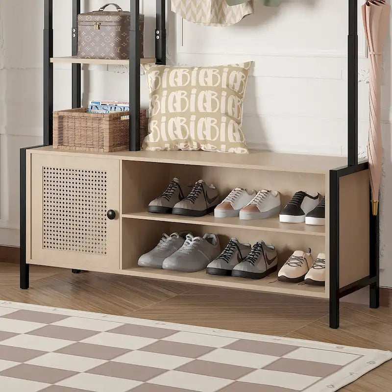 Meuble d'entrée avec porte-manteau, banc de rangement à chaussures, porte-manteau banc d'entrée 5-en-1 avec 9 crochets
