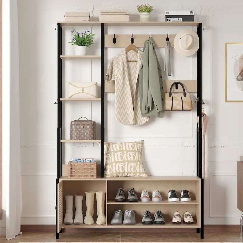 Meuble d'entrée avec porte-manteau, banc de rangement à chaussures, porte-manteau banc d'entrée 5-en-1 avec 9 crochets