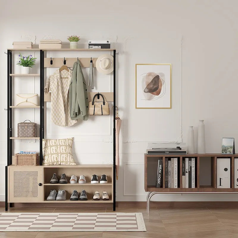 Meuble d'entrée avec porte-manteau, banc de rangement à chaussures, porte-manteau banc d'entrée 5-en-1 avec 9 crochets