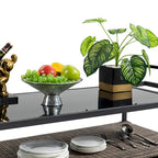 Chariot de bar en osier pour terrasse extérieure avec armoire de rangement et plateau en verre, table de bar à boissons en rotin roulante avec roues à 360° et étagère ouverte