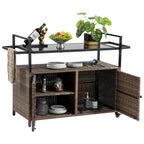 Chariot de bar en osier pour terrasse extérieure avec armoire de rangement et plateau en verre, table de bar à boissons en rotin roulante avec roues à 360° et étagère ouverte