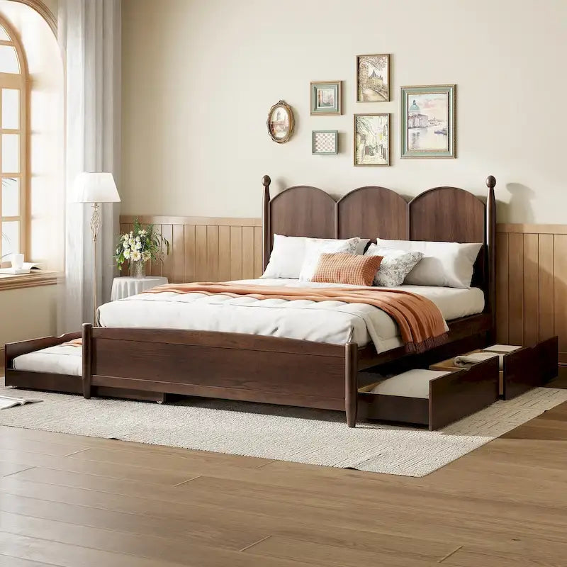 Cadre de lit Queen Size avec lit gigogne Twin XL et 2 grands tiroirs, lit plateforme en bois avec tête de lit et support à lattes