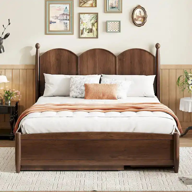 Cadre de lit Queen Size avec lit gigogne Twin XL et 2 grands tiroirs, lit plateforme en bois avec tête de lit et support à lattes