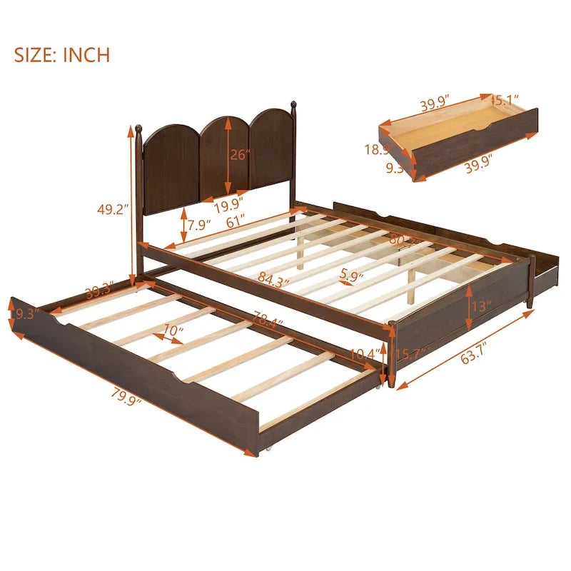 Cadre de lit Queen Size avec lit gigogne Twin XL et 2 grands tiroirs, lit plateforme en bois avec tête de lit et support à lattes