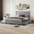 Cadre de lit Queen Size avec lit gigogne Twin XL et 2 grands tiroirs, lit plateforme en bois avec tête de lit et support à lattes