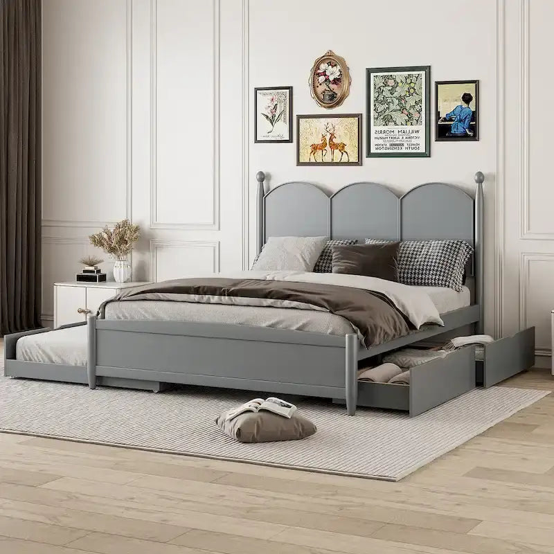 Cadre de lit Queen Size avec lit gigogne Twin XL et 2 grands tiroirs, lit plateforme en bois avec tête de lit et support à lattes