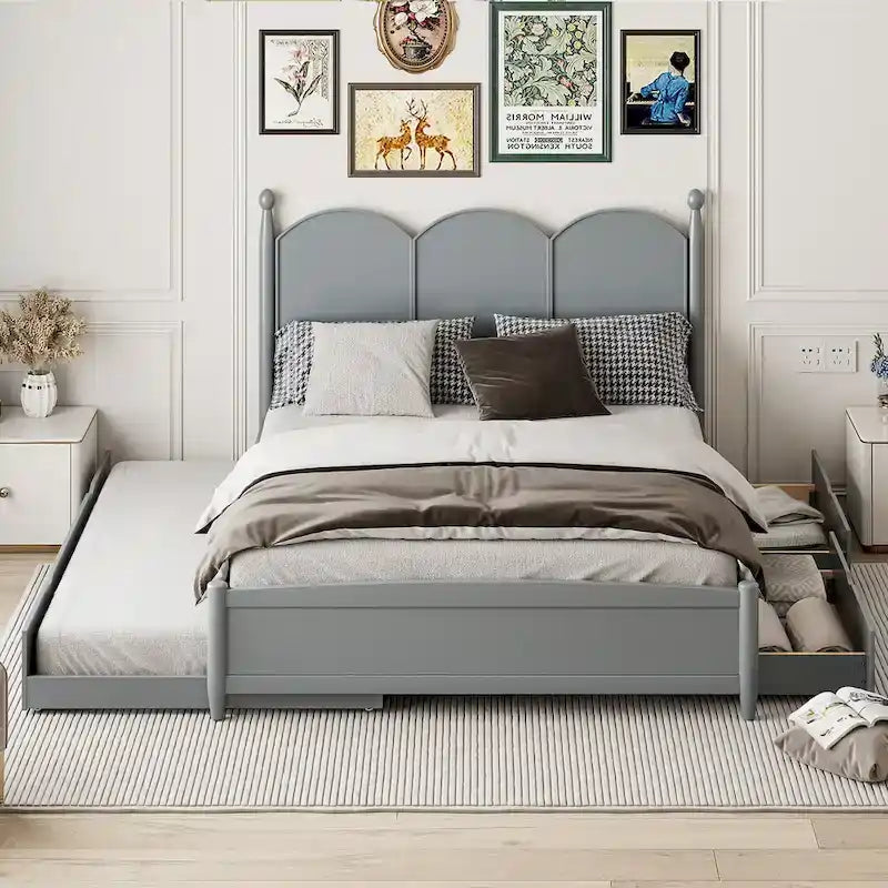 Cadre de lit Queen Size avec lit gigogne Twin XL et 2 grands tiroirs, lit plateforme en bois avec tête de lit et support à lattes