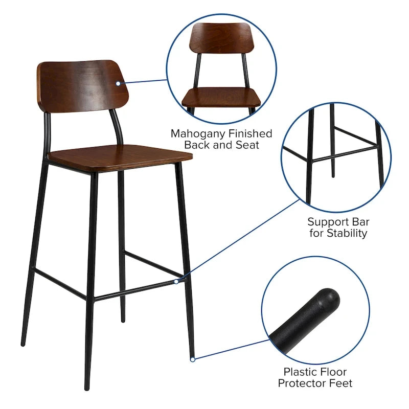 Tabouret de bar industriel avec structure en acier et assise en bois rustique
