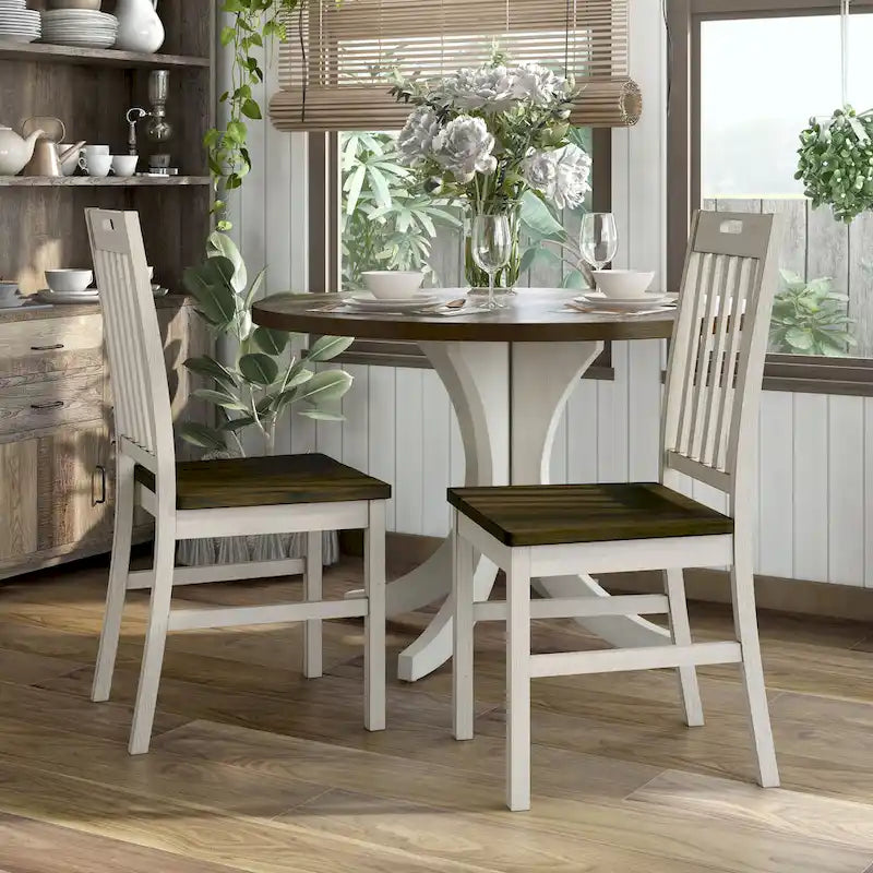 Chaises de salle à manger avec dossiers à lattes en bois blanc antique style ferme