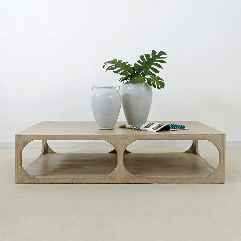 Table basse en bois recyclé, grande, 170 cm de long, finition blanchie patinée