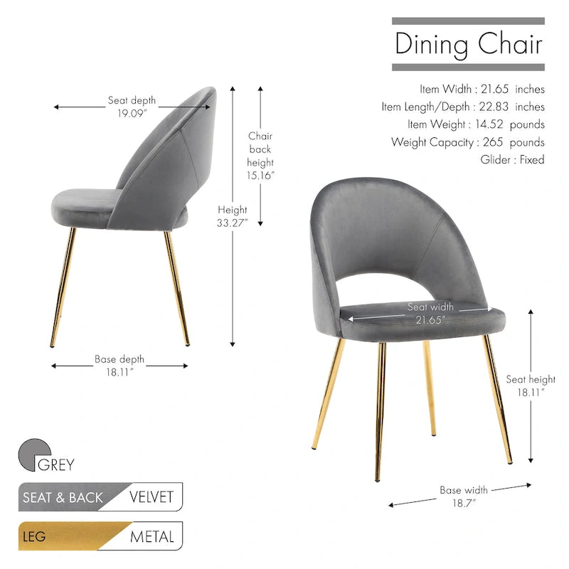 Chaises de salle à manger en velours avec pieds en métal doré (lot de 2)