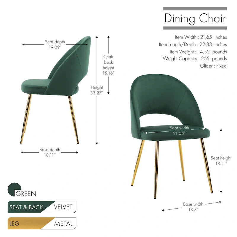 Chaises de salle à manger en velours avec pieds en métal doré (lot de 2)