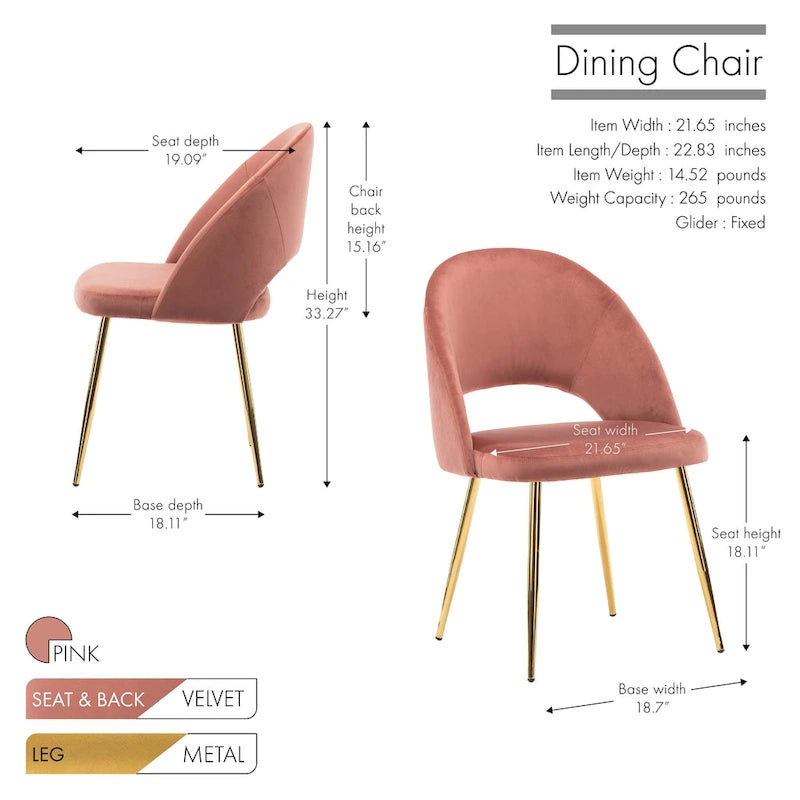 Chaises de salle à manger en velours avec pieds en métal doré (lot de 2)