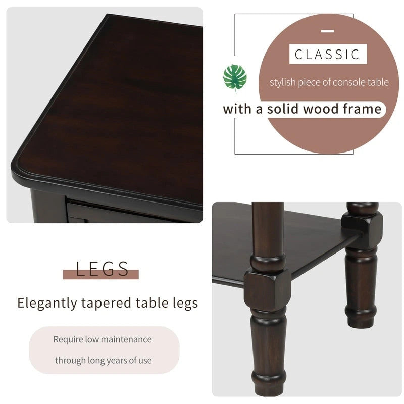 Console étroite, table d'entrée rustique, table basse étroite, trois tiroirs de rangement et étagère inférieure