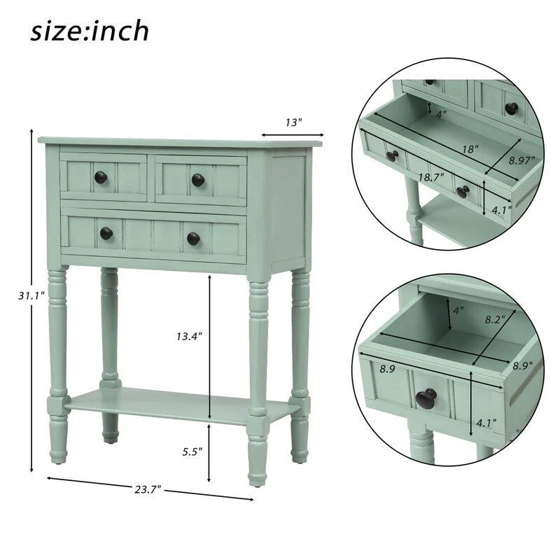 Console étroite, table d'entrée rustique, table basse étroite, trois tiroirs de rangement et étagère inférieure