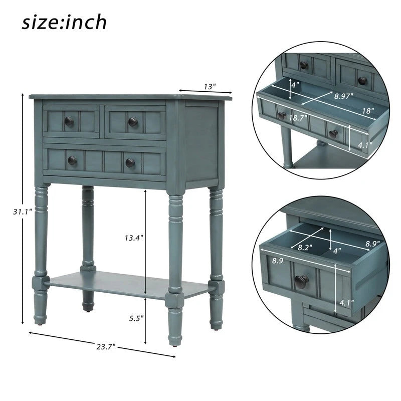 Console étroite, table d'entrée rustique, table basse étroite, trois tiroirs de rangement et étagère inférieure