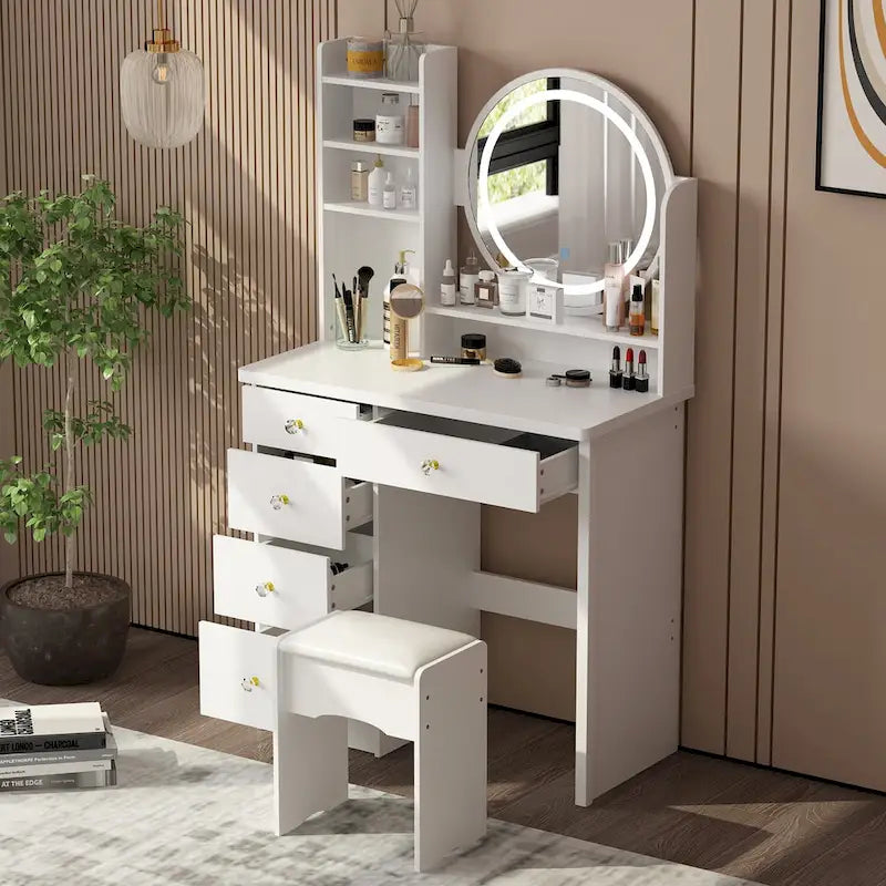 Coiffeuse 80 cm de large avec tabouret, miroir et 3 couleurs de lumière - 80 cm de large