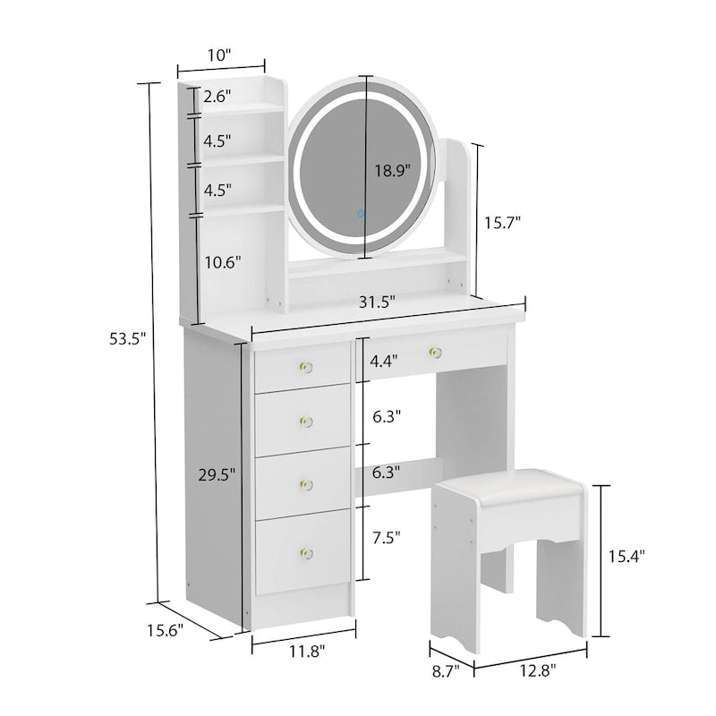 Coiffeuse 80 cm de large avec tabouret, miroir et 3 couleurs de lumière - 80 cm de large