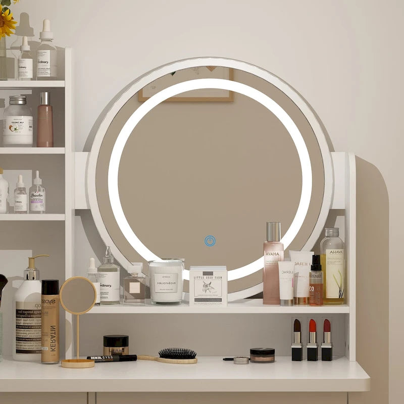 Coiffeuse 80 cm de large avec tabouret, miroir et 3 couleurs de lumière - 80 cm de large