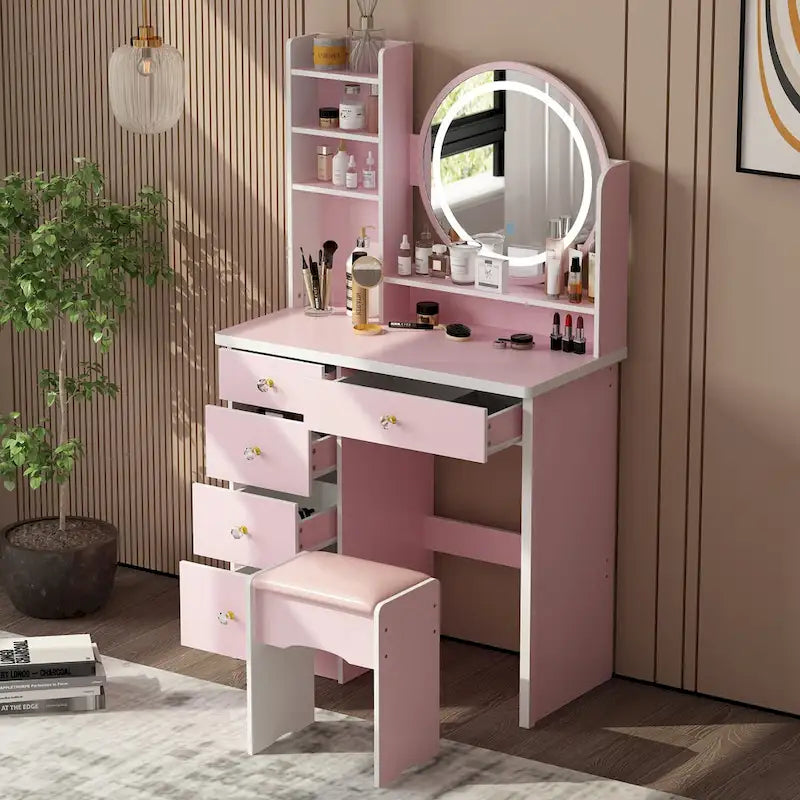 Coiffeuse 80 cm de large avec tabouret, miroir et 3 couleurs de lumière - 80 cm de large