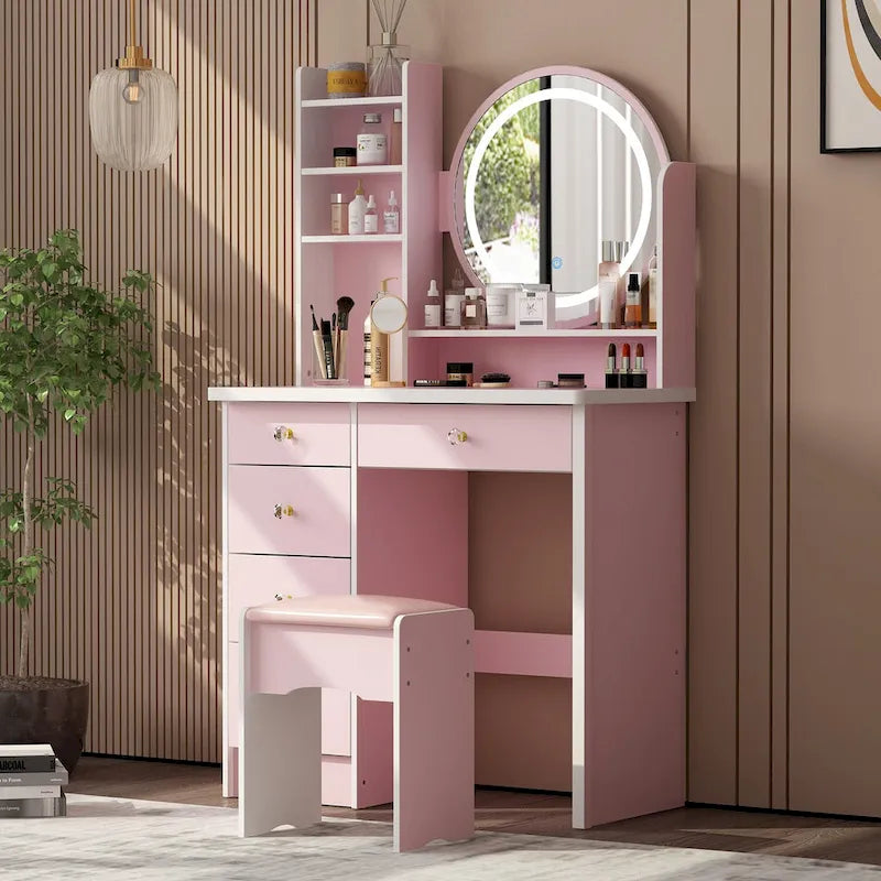 Coiffeuse 80 cm de large avec tabouret, miroir et 3 couleurs de lumière - 80 cm de large