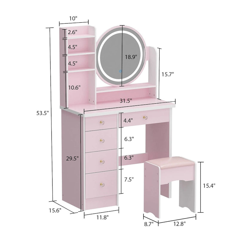 Coiffeuse 80 cm de large avec tabouret, miroir et 3 couleurs de lumière - 80 cm de large
