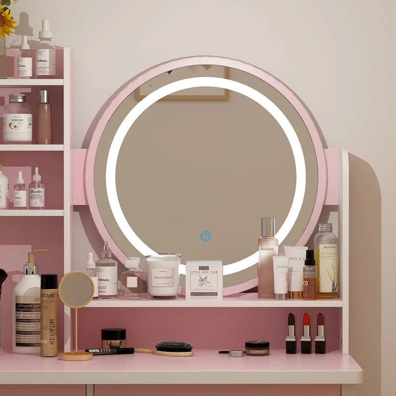 Coiffeuse 80 cm de large avec tabouret, miroir et 3 couleurs de lumière - 80 cm de large