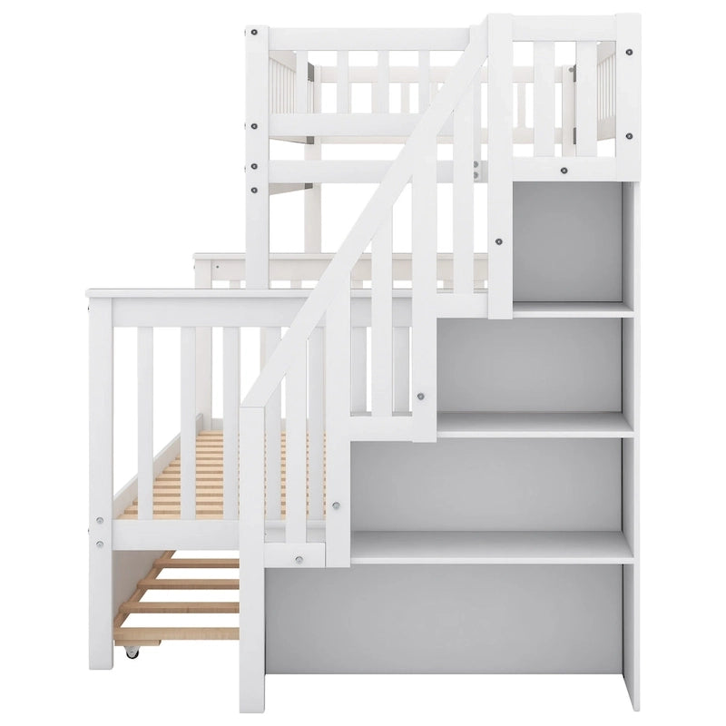 Lit superposé jumeau sur grand avec lit gigogne et escalier, gris