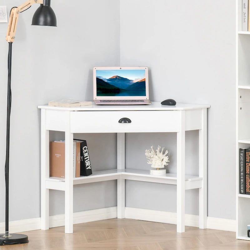 Bureau d'angle, bureau d'ordinateur triangulaire avec tiroir et étagères de rangement pour petit espace