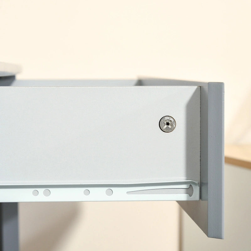 Bureau d'angle, bureau d'ordinateur triangulaire avec tiroir et étagères de rangement pour petit espace