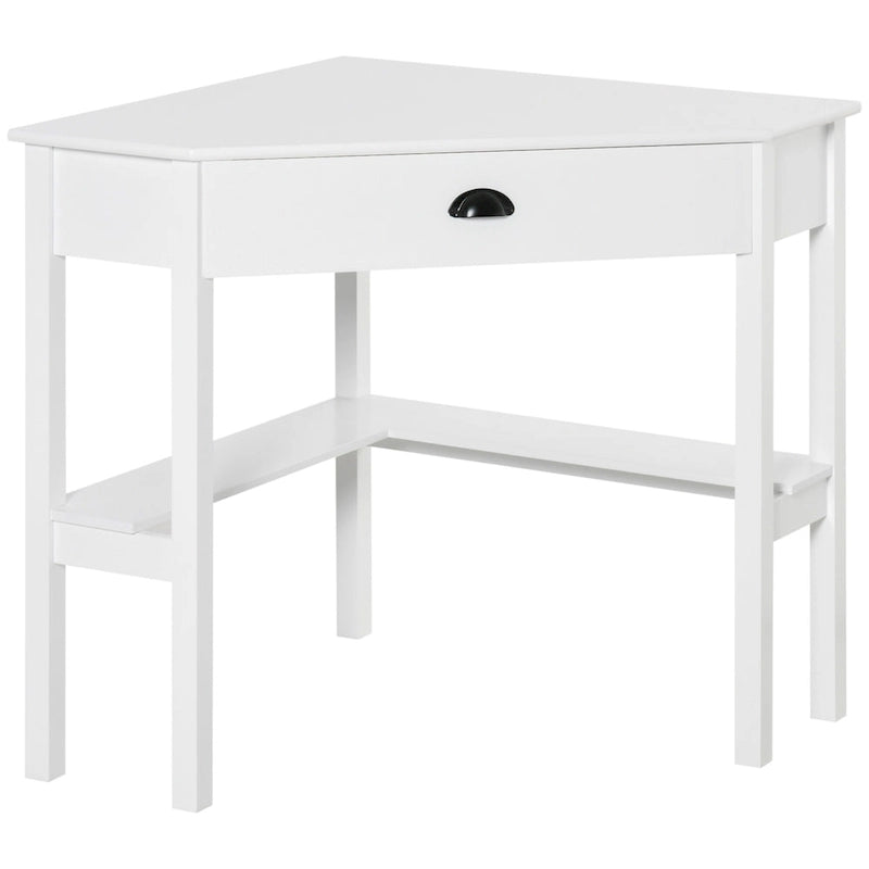 Bureau d'angle, bureau d'ordinateur triangulaire avec tiroir et étagères de rangement pour petit espace