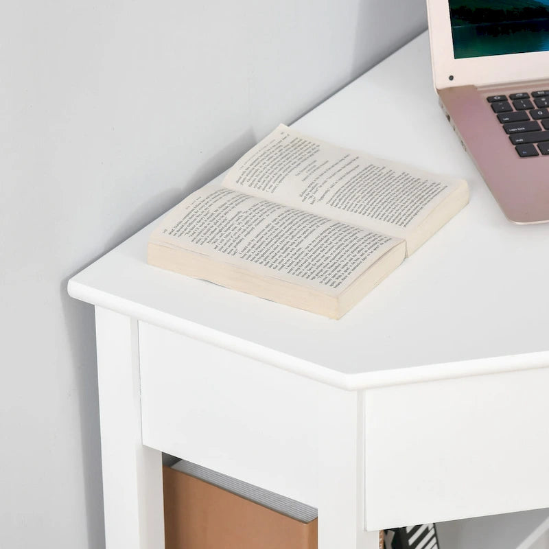 Bureau d'angle, bureau d'ordinateur triangulaire avec tiroir et étagères de rangement pour petit espace