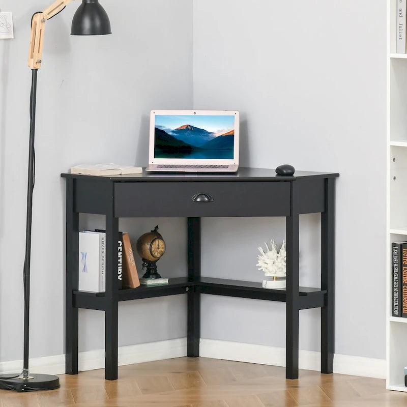 Bureau d'angle, bureau d'ordinateur triangulaire avec tiroir et étagères de rangement pour petit espace