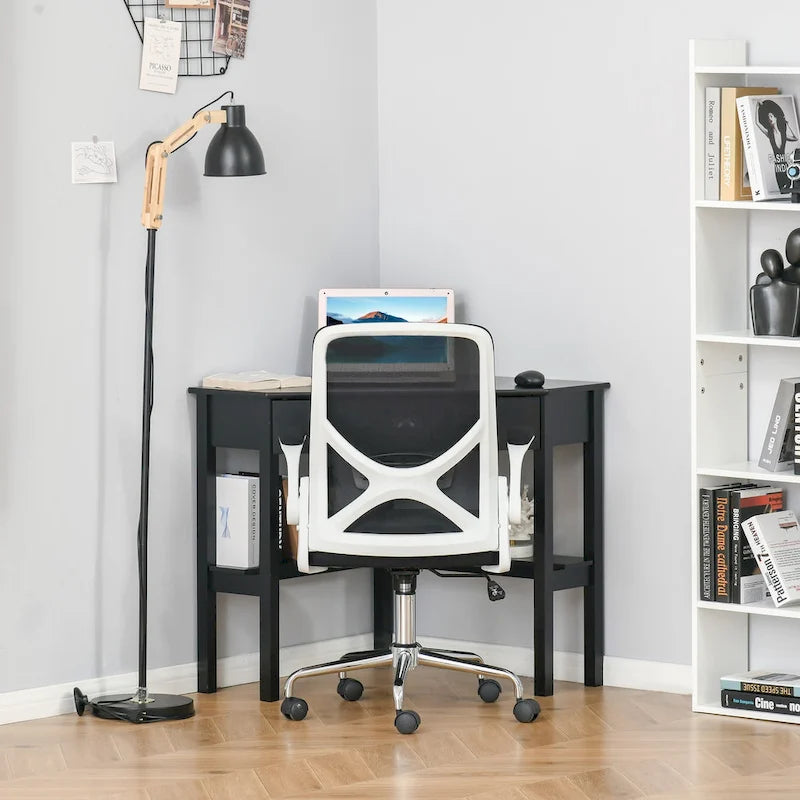 Bureau d'angle, bureau d'ordinateur triangulaire avec tiroir et étagères de rangement pour petit espace