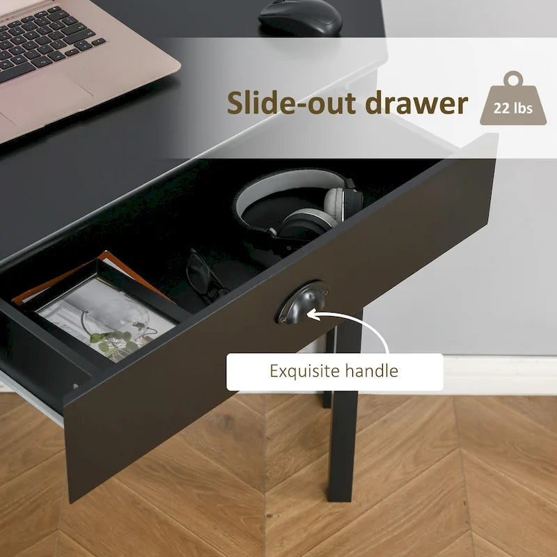 Bureau d'angle, bureau d'ordinateur triangulaire avec tiroir et étagères de rangement pour petit espace