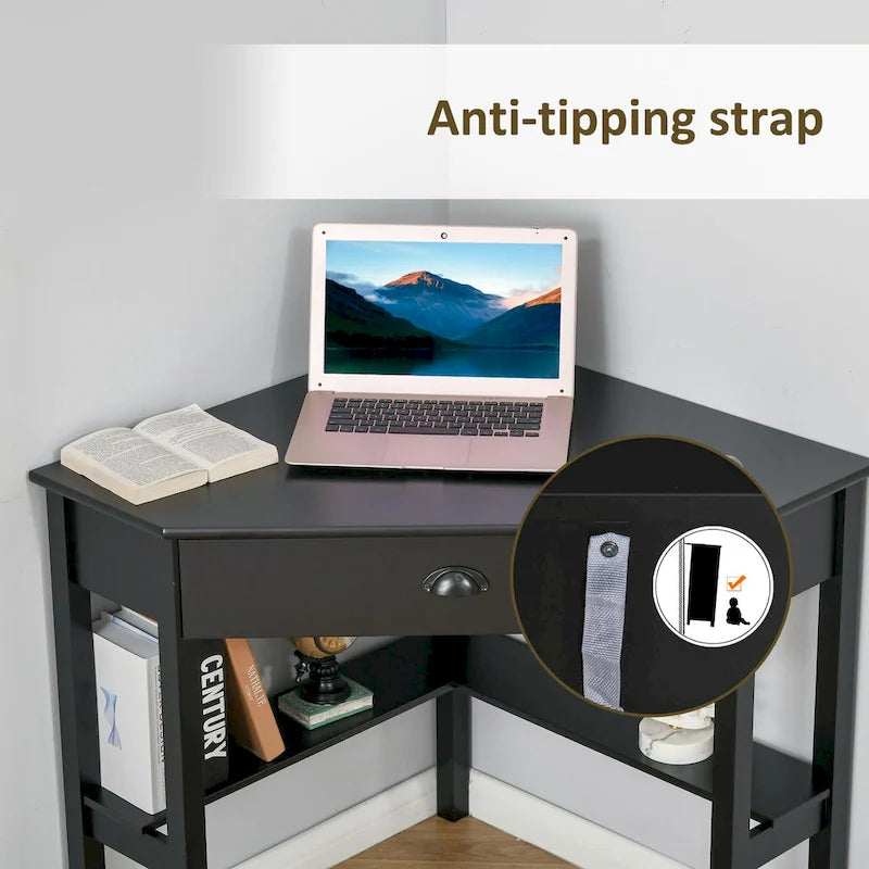Bureau d'angle, bureau d'ordinateur triangulaire avec tiroir et étagères de rangement pour petit espace