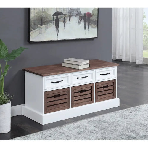Banc de rangement à 3 tiroirs, blanc et marron patiné