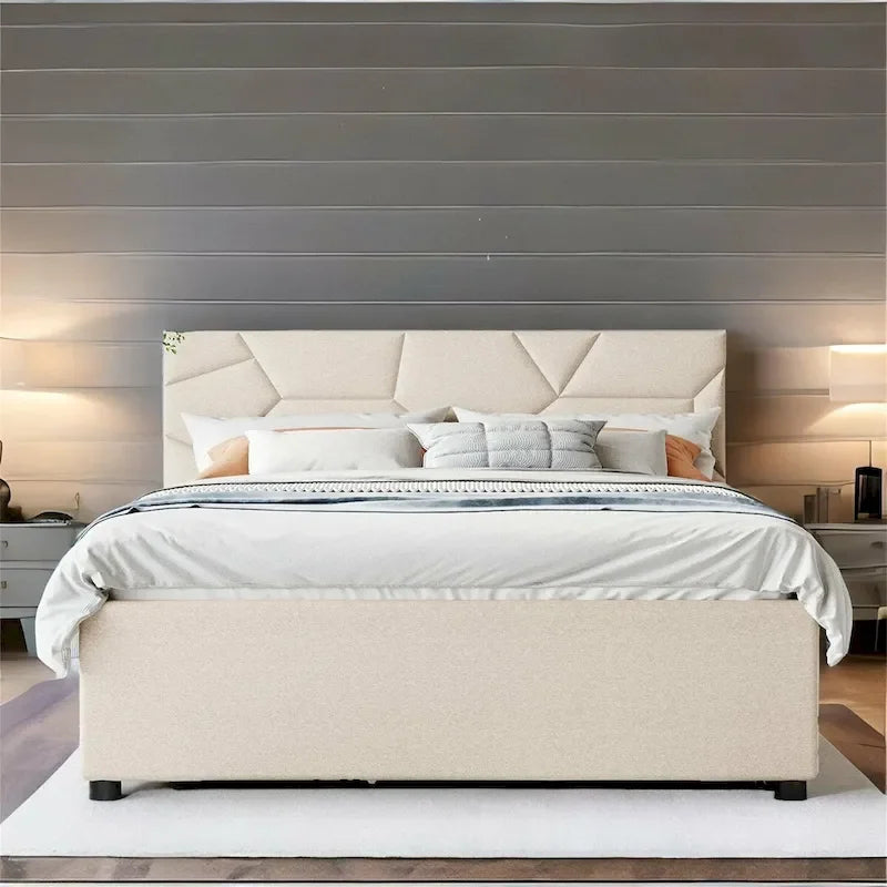 Lit plateforme en lin Queen Size avec lit gigogne double et tiroirs