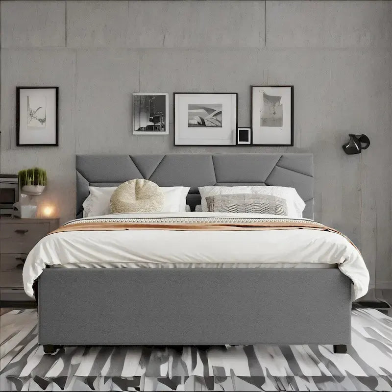 Lit plateforme en lin Queen Size avec lit gigogne double et tiroirs