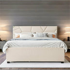 Lit plateforme en lin Queen Size avec lit gigogne double et tiroirs